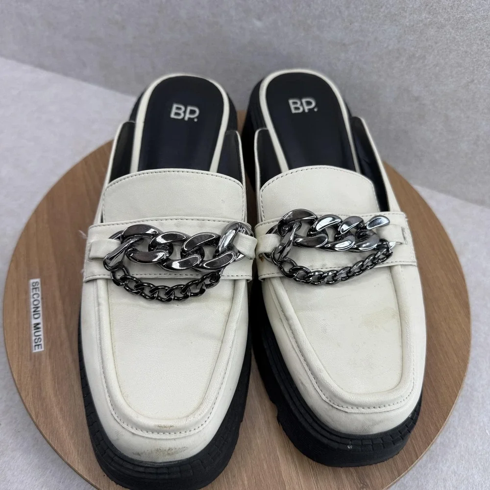 BP. Shoes Womens 9 White Tristan‎ Chain Loafer Mules Slip On Chunky Lug Sole
